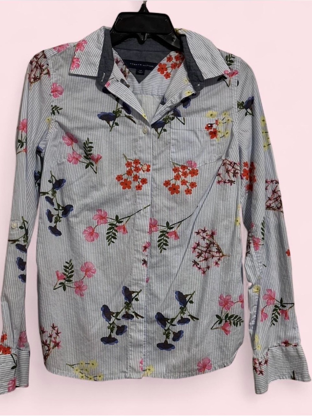 Tommy Hilfiger Blue and White Striped Floral Button-Up